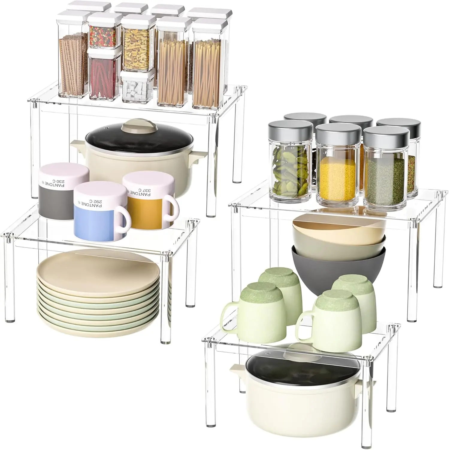 

Clear Acrylic Cabinet Organizer Set of 4, Stackable Kitchen Shelves, Spice Rack, Moisture-Resistant