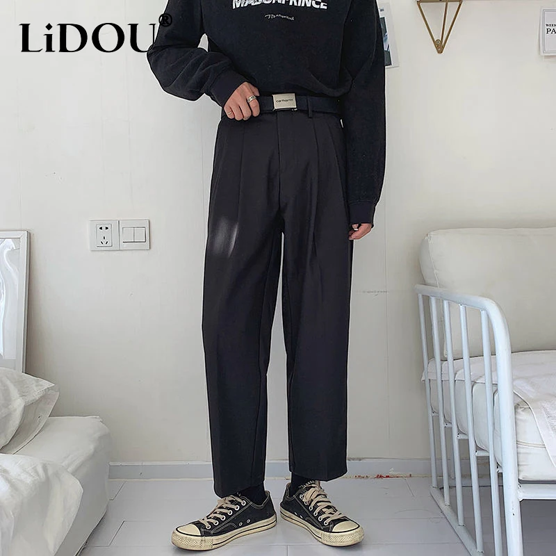 Summer New Black Button Zipper Straight Pants 2023 Man Korean Style Elastic Waist Fashion Loose Casual Street Wide Leg Trousers