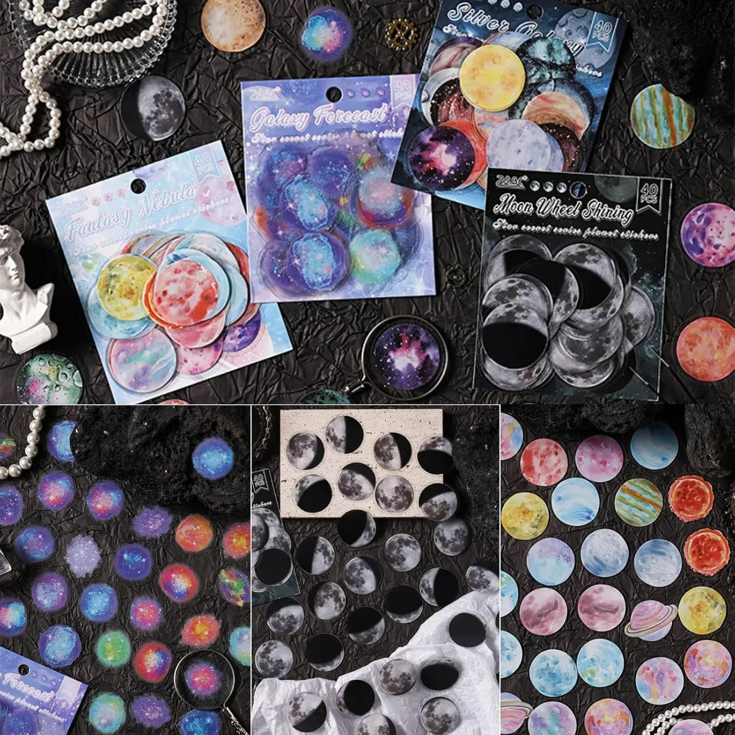 Moon Phase Stickers, 160PCS Lunar Phase Waterproof Decals For Water Bottles Cup Computer Mobile Phone Skateboard Guitar