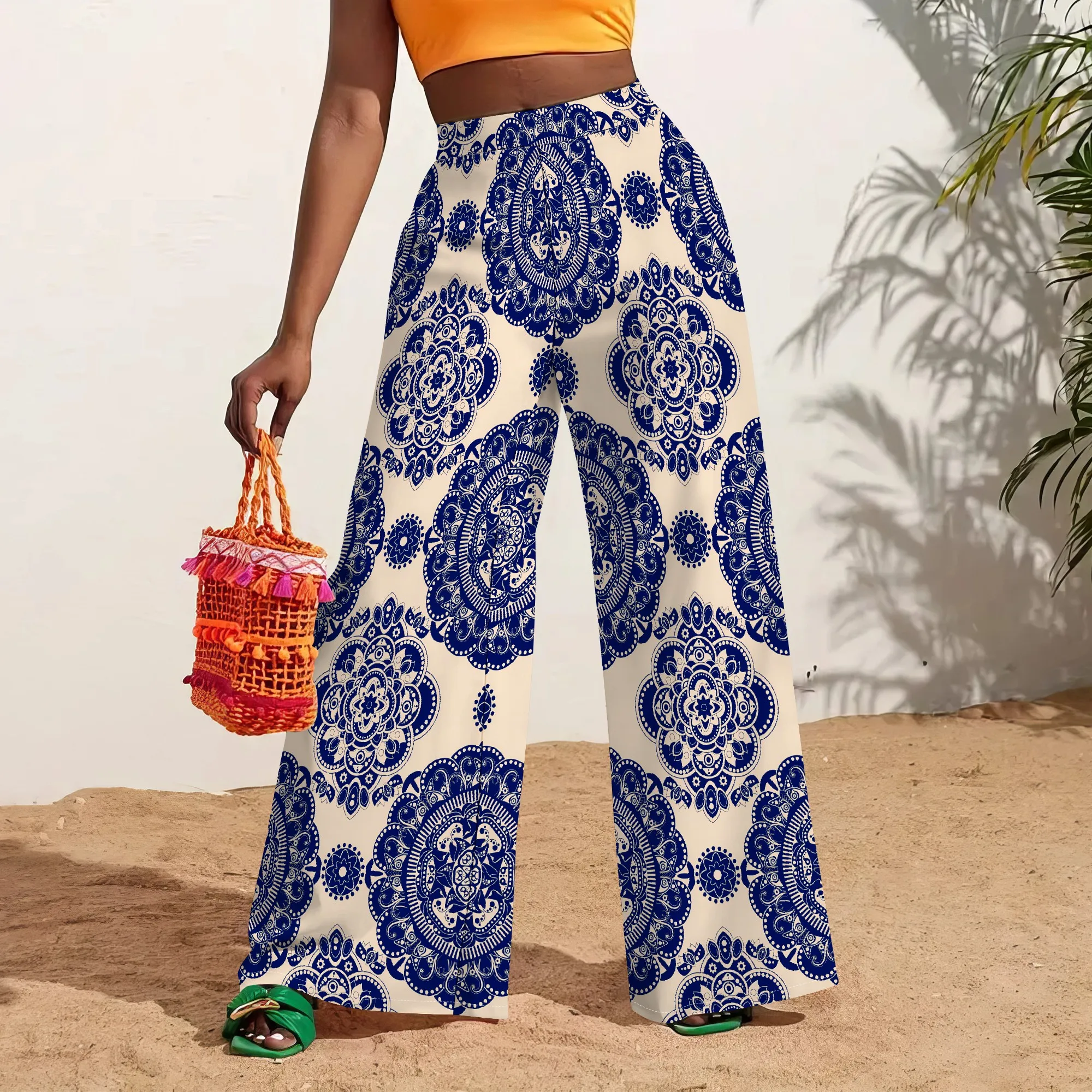 Women’s High Waist Wide Leg Pants Rainbow Paint Print Summer Streetwear Casual Trousers