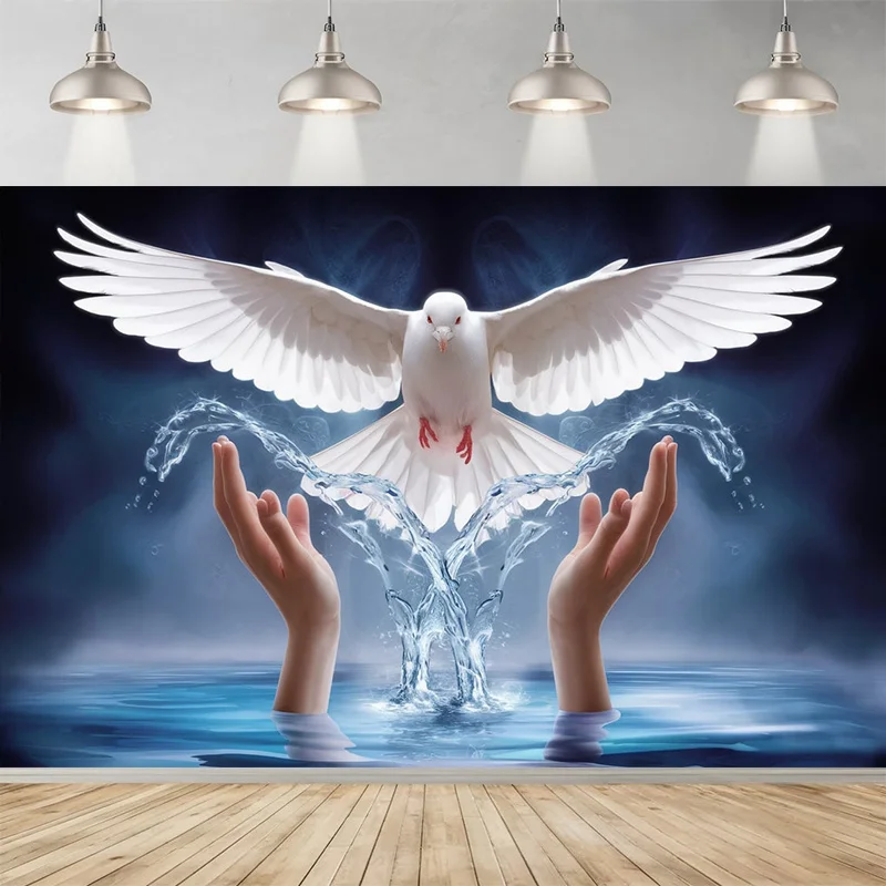 1pc White Dove Rising From Water Hands Peace Symbol Spiritual Tapestry Religious Wall Art Home DecorDivine Light BackgroundPrint