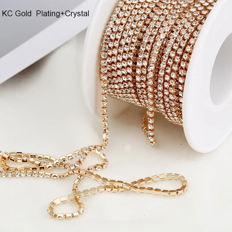 RESEN SS6-SS18(2mm-4.5mm)Silver/Gold Base Clear Crystal Dense Rhinestone Chain Apparel Sewing Glass Rhinestone Cup Chain Crystal