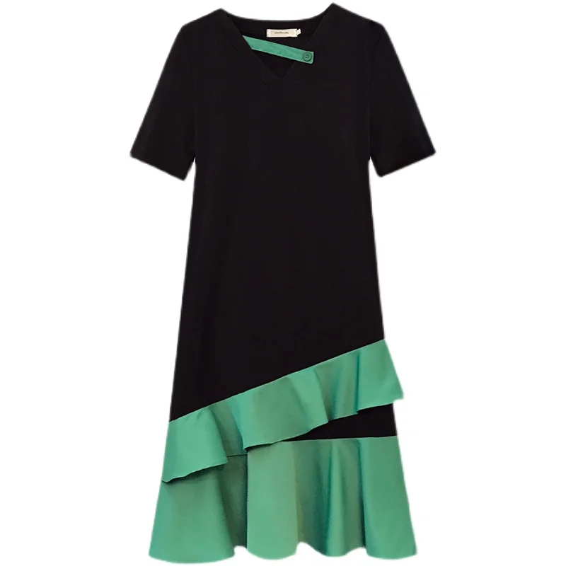 Camiseta de manga corta con cuello en V para mujer, vestido elegante de retazos con volantes, color negro, hasta la rodilla, talla grande, Verano