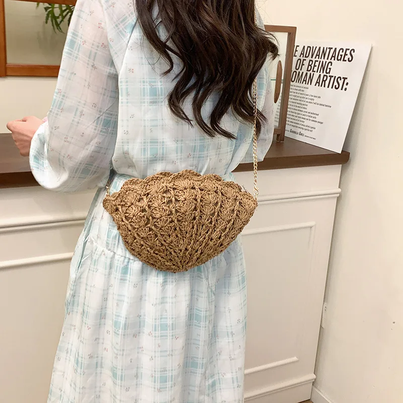 المرأة القش شل حقيبة كتف موجة الدانتيل الشاطئ حقائب كروسبودي جوفاء المنسوجة يدويا مخلب محفظة الهاتف الحقيبة لقضاء عطلة الصيف #4