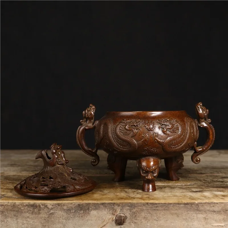 Exquisite Suzhou-style brass incense burner with double dragon animal feet, antique collectible, decorative piece for home, stud