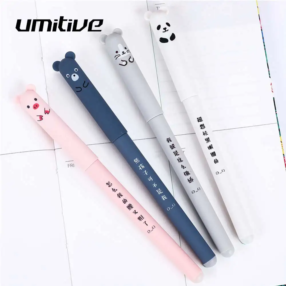 Umitive 4 pcs 0.35 mm Erasable Gel Pen Blue Black Ink Cartoon Animal Pen For Student Gift School Office Supplies Stationery