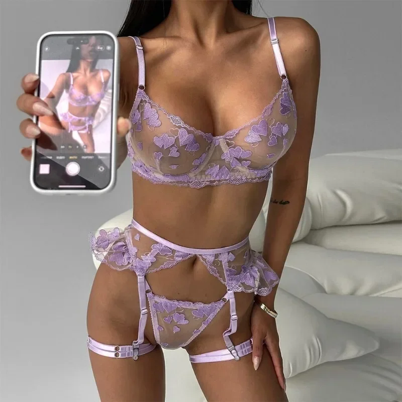 Tornova 4 Piece Set Sexy Embroidery Underwear Set Women Solid Color Mesh See-through Lace Patchwork Sexy Garters Underwear Set