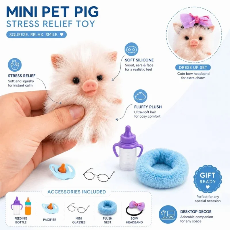Realistic Silicone Reborn Pet Pig Stress Relief Simulation Decompression Lifelike Texture Hairy Surface Squeeze Children Gift