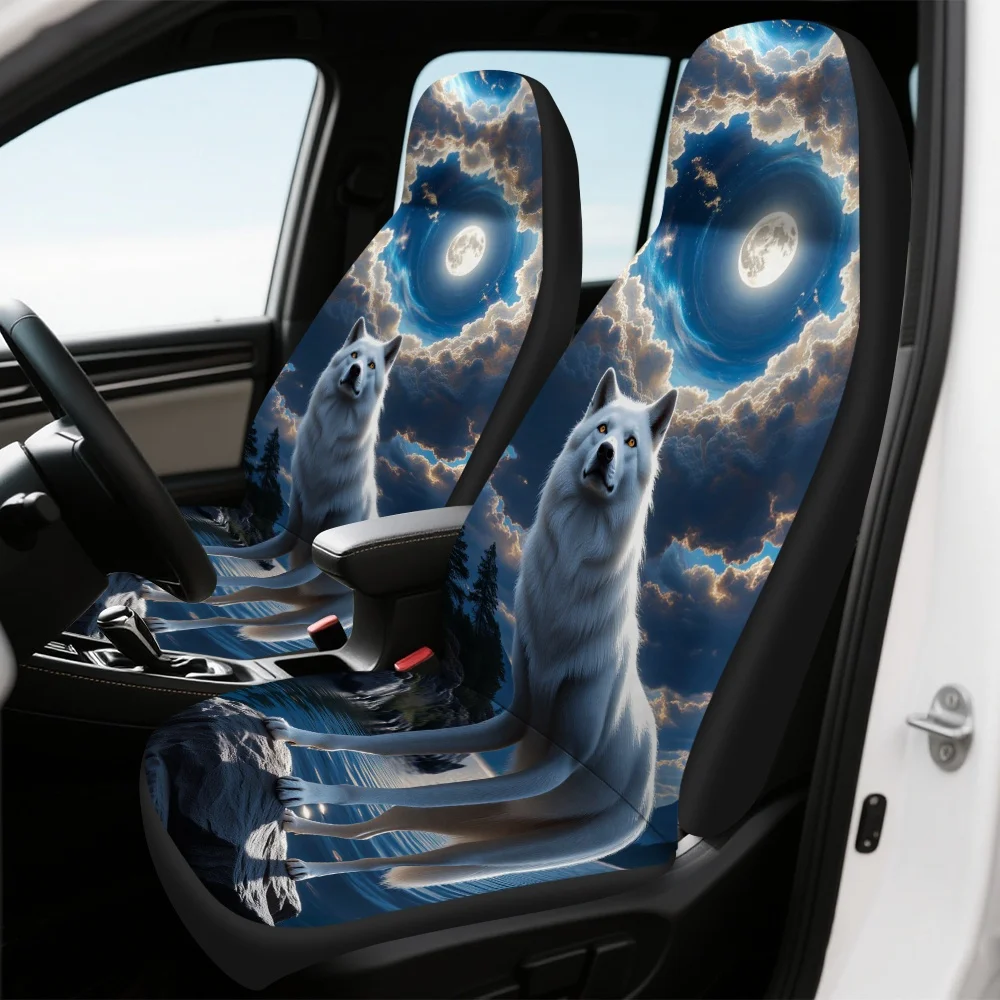 2pcs Mystic White Wolf Night Forest Moon Car Seat Covers - Fit For All Vehicles, All-Season With Wolf & Moon Night Forest Design