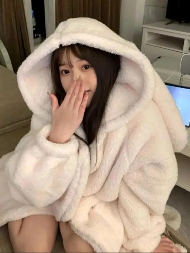 Coral Velvet Robes Women Solid Beige Sweet Lovely Hooded Rabbit Ears Sleepwear Lounge Home Ins Fashion Soft Winter Loose Warm