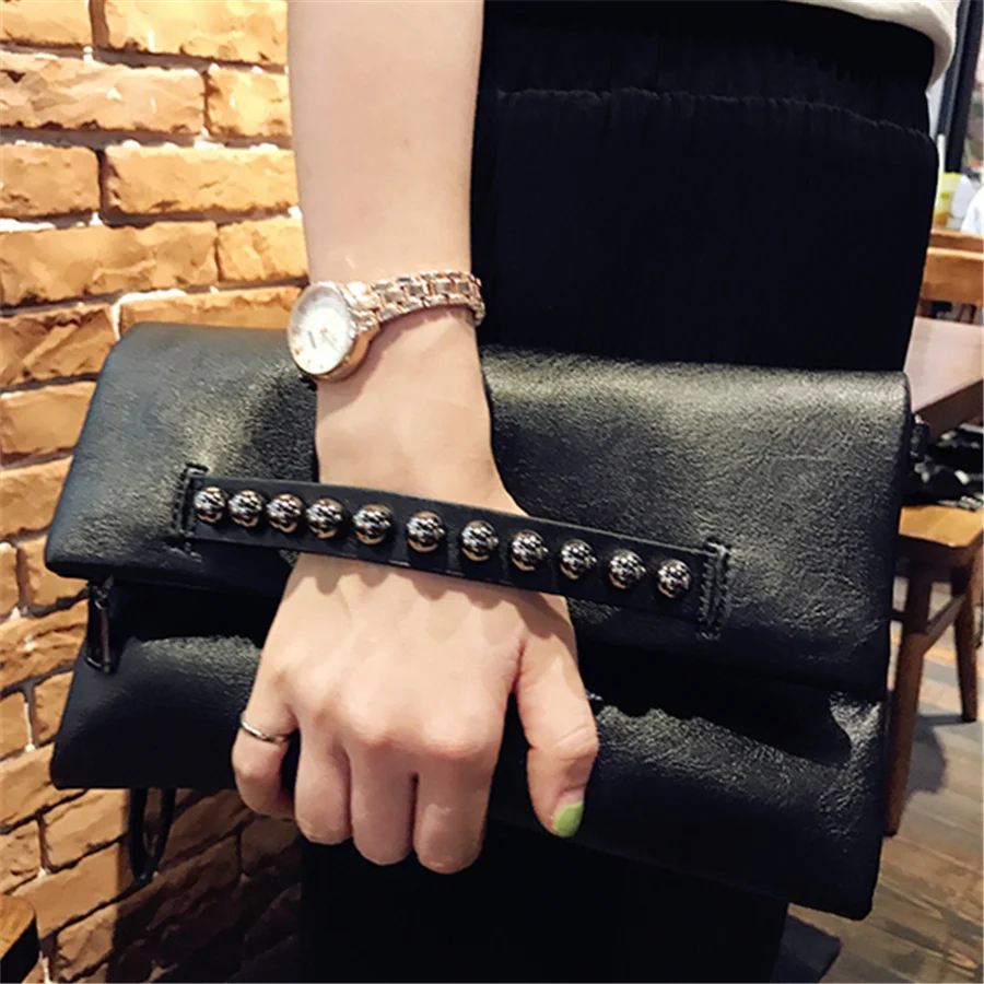 Folding design women Clutch Fashion rivets PU Leather Ladies Crossbody Bag chain Female Shoulder bag Clutches black wallet