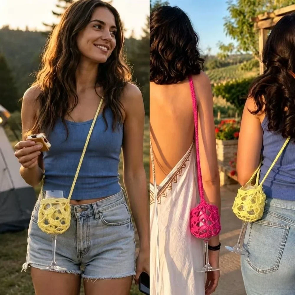 Simple Knitted Crochet Wine Glass Crossbody Bag Solid Color Handmade Wine Bottle Carrier Water Tote Bag Party Decor