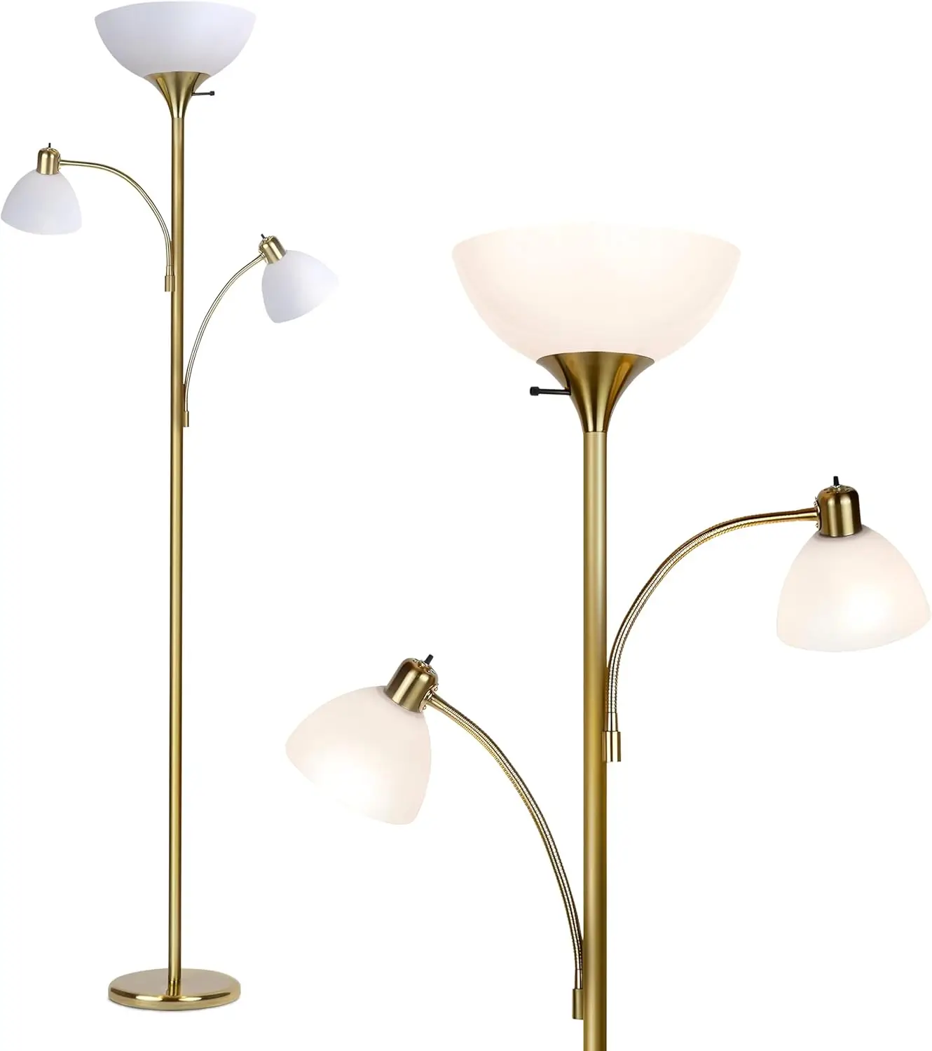 

Dimmable Double LED Floor Lamp with Reading Lights for Living Room, Office & Bedroom - Tall Brass Pole
