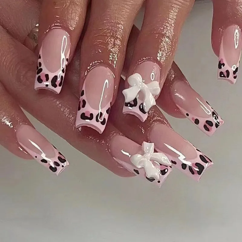 Uñas postizas con diseño de leopardo rosa, Uñas postizas de longitud media de 24 piezas, con diseño de lazo, a presión, cuadradas, francesas, baratas