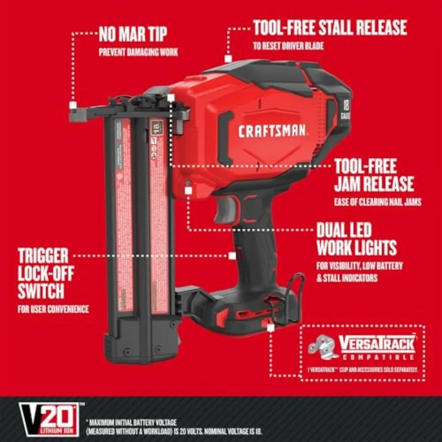 เครื่องยิงตะปู V20 Brad Nailer 18GA แบบไร้สาย (เฉพาะตัวเครื่อง) สำหรับงานไม้และงานก่อสร้างที่ต้องการความแม่นยำ ประสิทธิภาพสูง
