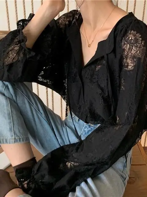 

Ele Lace irt Women's Thin V-ne Spring Summer New Sle Faionable Top Breathable Long Sve Korean Version