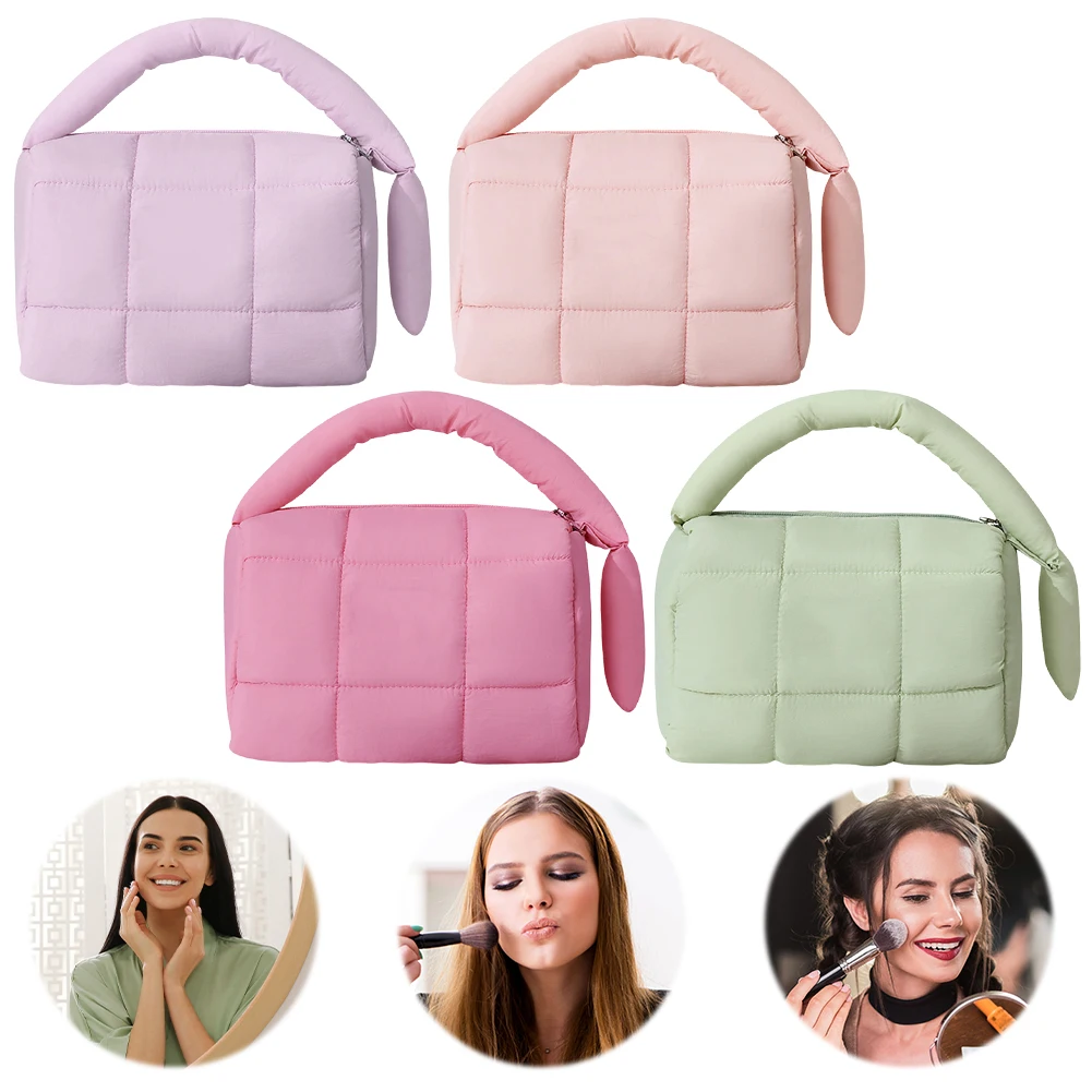 

Women Quilted Makeup Bag Puffer Cosmetic Bag Solid Color Makeup Organizer Bag Lightweight Makeup Storage Bag Makeup Clutch Bag