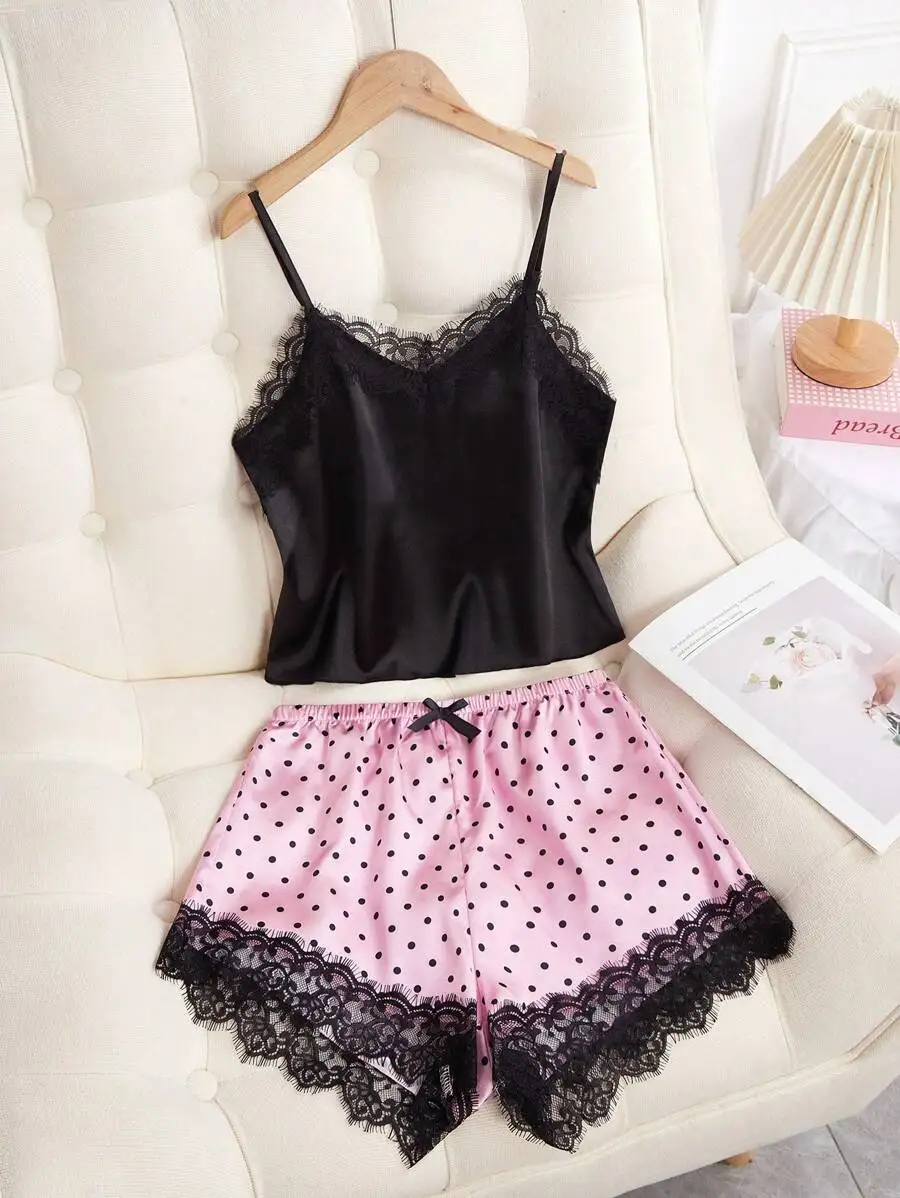2PCS Pajama Suit Women Fashion V-Neck Stretch Satin Lace Sexy Lingerie Bowknot Pyjamas Shorts Set Pink and Round Dot Sleepwear