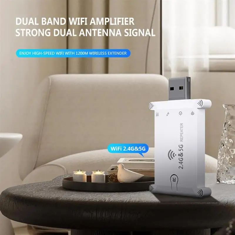 Amplificador de sinal sem fio de banda dupla 1200M Wifi Extender Booster 2.4g/5g Wifi Repetidor Fonte de alimentação USB