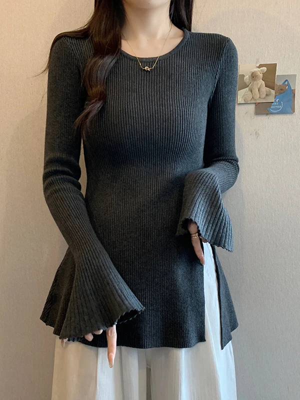 

Женский вязаный топ Ele с рукавами-колокол, удлиненными рукавами, из смесового хлопка, утепленный, зимний, модный, повседневный