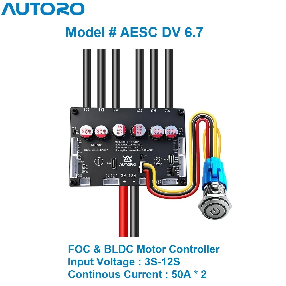 Contrôleur de vitesse double moteur Autoro Dual V6 ESC BLDC FOC 12S 100A sans étincelles VESC 6 pour skateboard électrique, trottinette et vélo électrique DIY