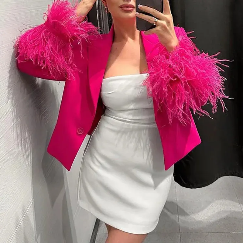 ZA Fashion Pink Feathers Sleeve Blazer  Women Elegant One Button Jacket Trousers 2024 Casual Autumn Office Outfits