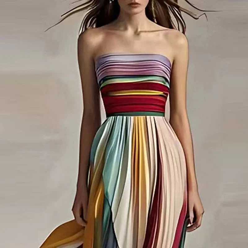 Elegant Sexy Off Shoulder Tube Tops Colorful Stripes Maxi Dress Women Sleeveless Color Collision Wrinkles Irregular Party Dress