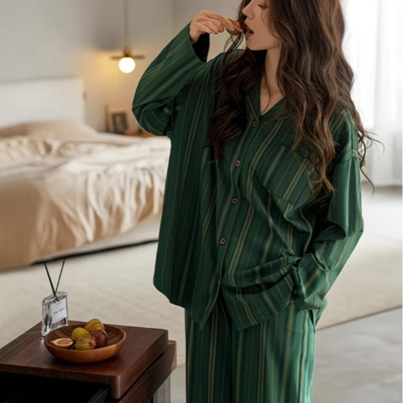 

Spring and Autumn Women's Thin Premium Striped Pajama Set Autumn and Winter Women's Long Sleeve Long Pants Home Clothes