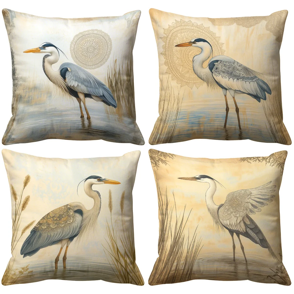 intage Great Blue Heron Pillow Covers, Wetland Reed Decorative Throw Pillow Cases, Rustic Farmhouse Home Decor Cushion Covers