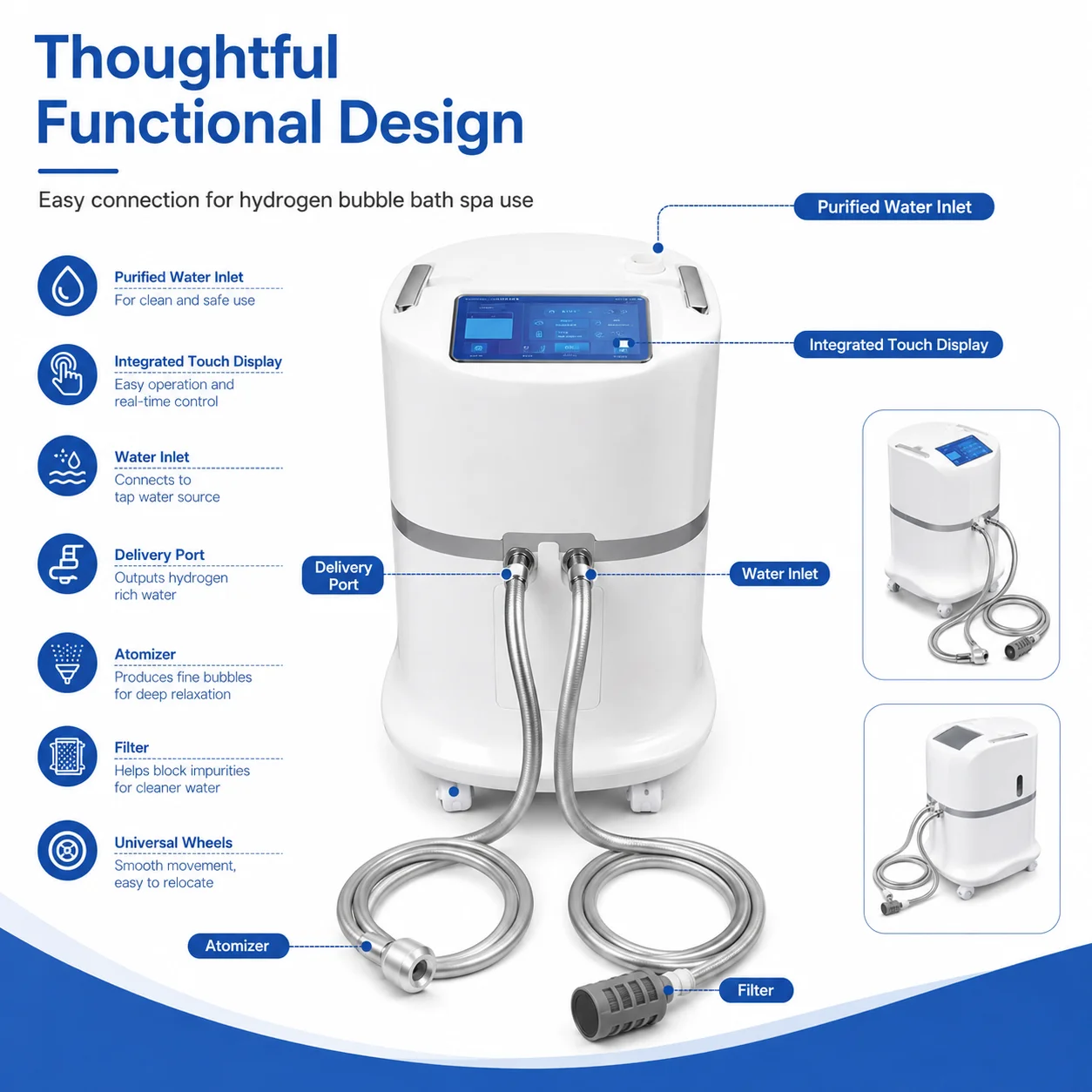 Portable Hydrogen Bubble Bath Spa Machine with Water Inlet Outlet and Filter