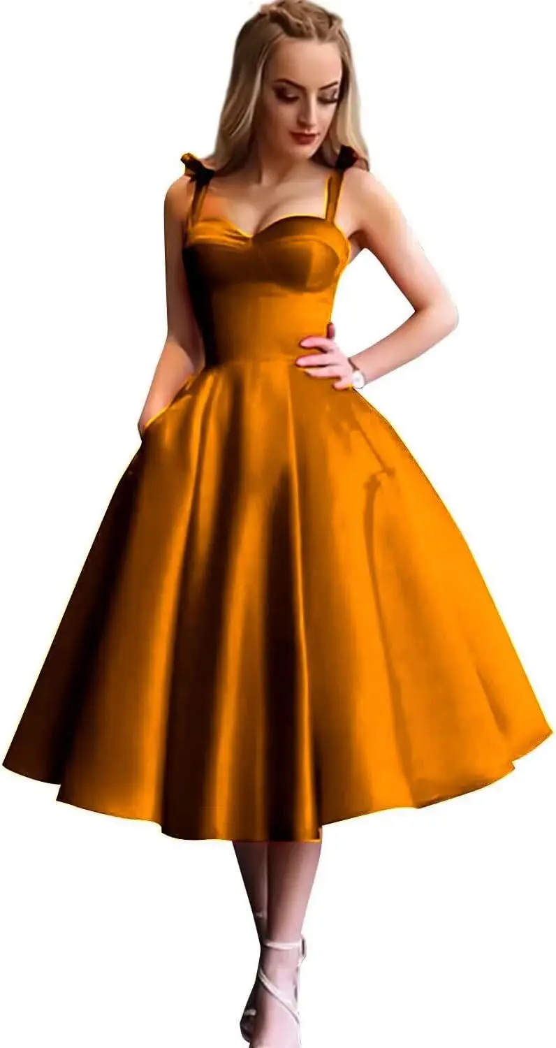 Red Womens Spaghetti Strap Short Satin Homecoming Dress Tea Length Prom Ball Gown A Line Cocktail  with Pockets