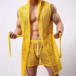 Men Robes Brand Male Sexy Bathrobe Sleepwear Sleeveless Bath Robe Sleep Lounge Badjas Cutout Cardigan Loungewear Mesh Menswear