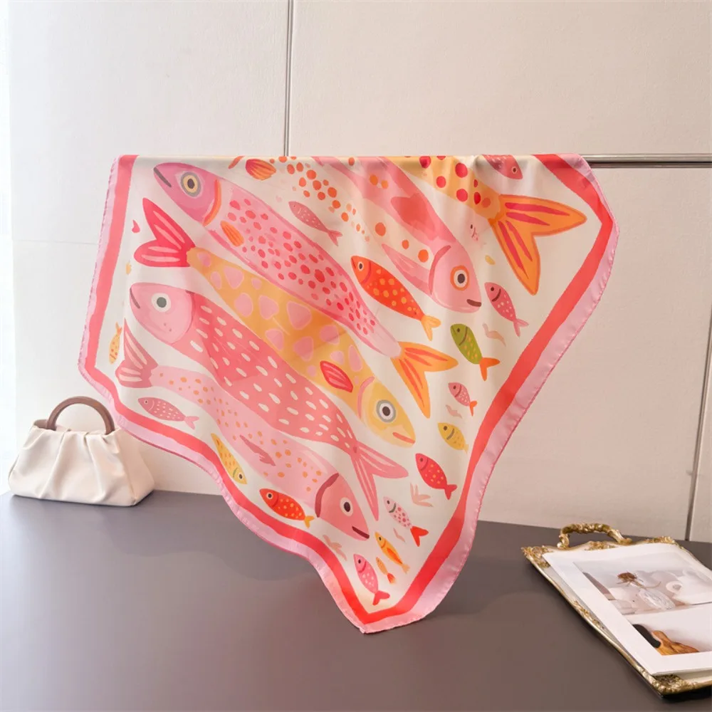 High Quality Colorful Fish Square Scarf High-end Print Breathable Imitation Silk Scarf Shawl Cartoon Soft Neck Scarf Headscarf