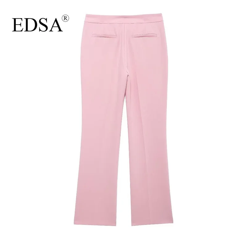 EDSA Women Pink 2 Pcs Pants Set Single Button Blazer Jacket with Flap Pockets & High Waist Straight Flare Trousers Office Lady