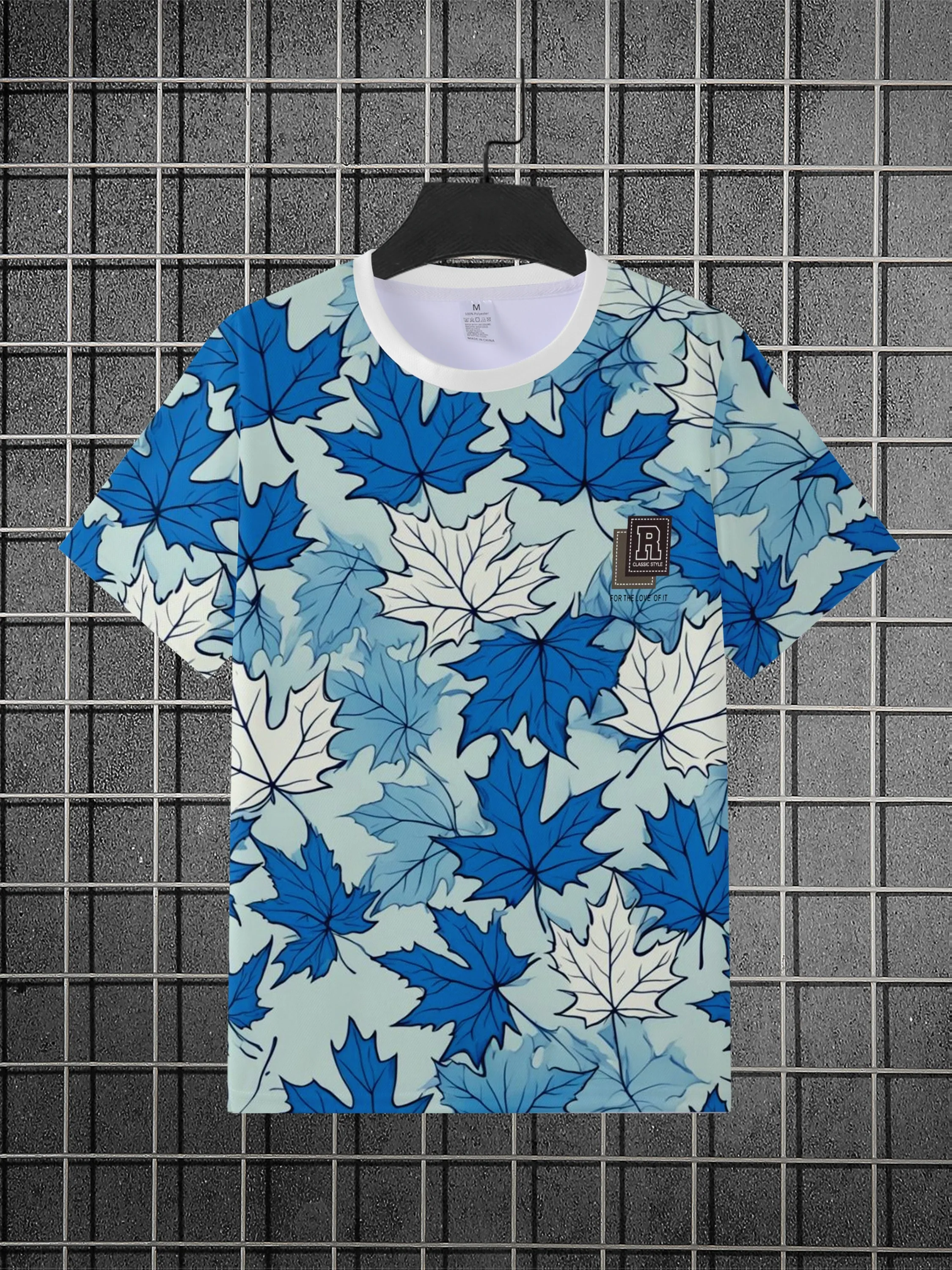 Men's Light Blue Maple Leaf All Over Print T Shirt Autumn Foliage Graphic Small Label Decor Short Sleeve Daily Casual Top