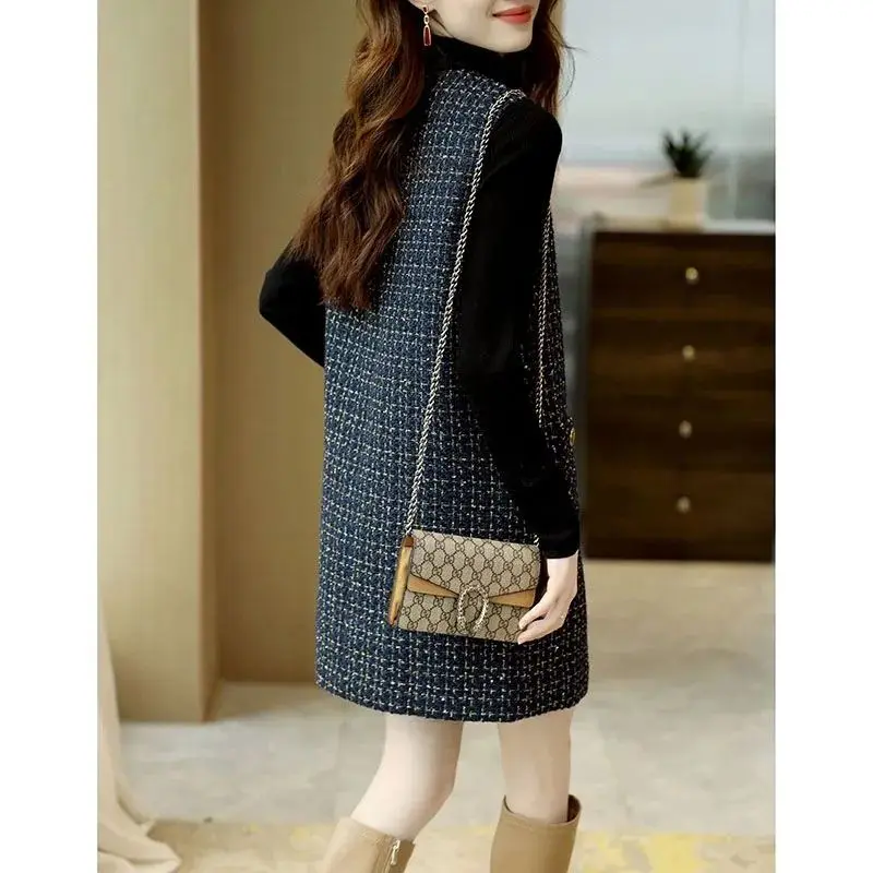 Women Korean Fashion Vintage Plaid Tweed Luxury Chic Pockets Midi Dress Autumn Winter Elegant O Neck Sleeveless Slim Fit Dresses