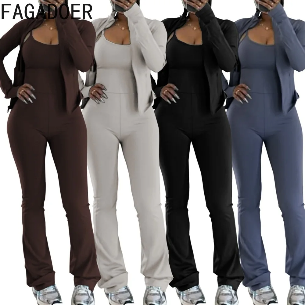 

FAGADOER Casual 2 Pieces Set for Woman Outfits Long Sleeve Zipper Crop Jacket and Flared Pants Matching Female Streetwear New