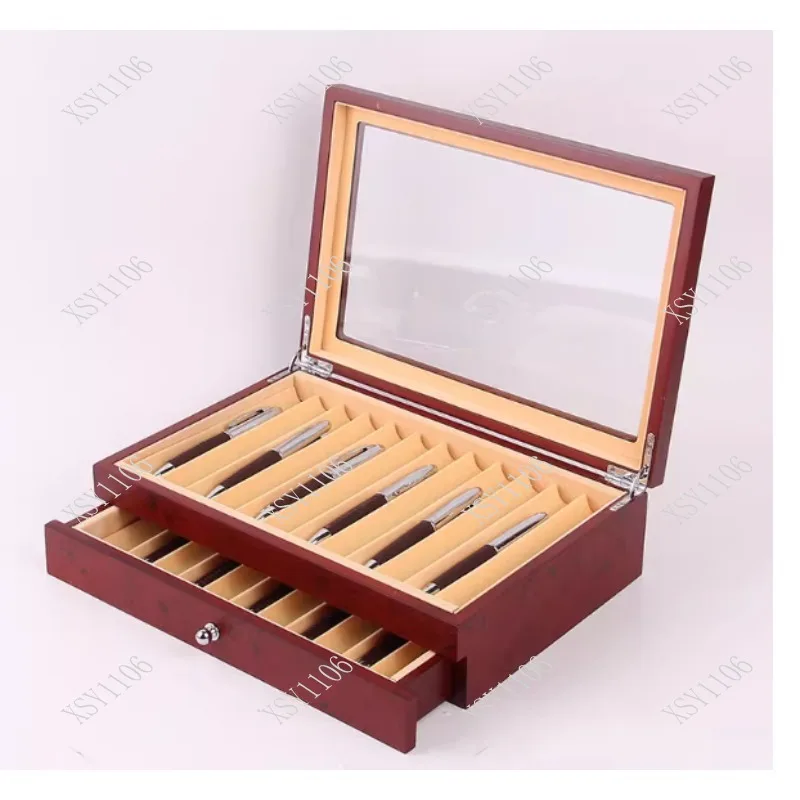 78-Pen Capacity Black/Burgundy Wooden Pen Case Transparent Window Fountain Pen Collector Organizer