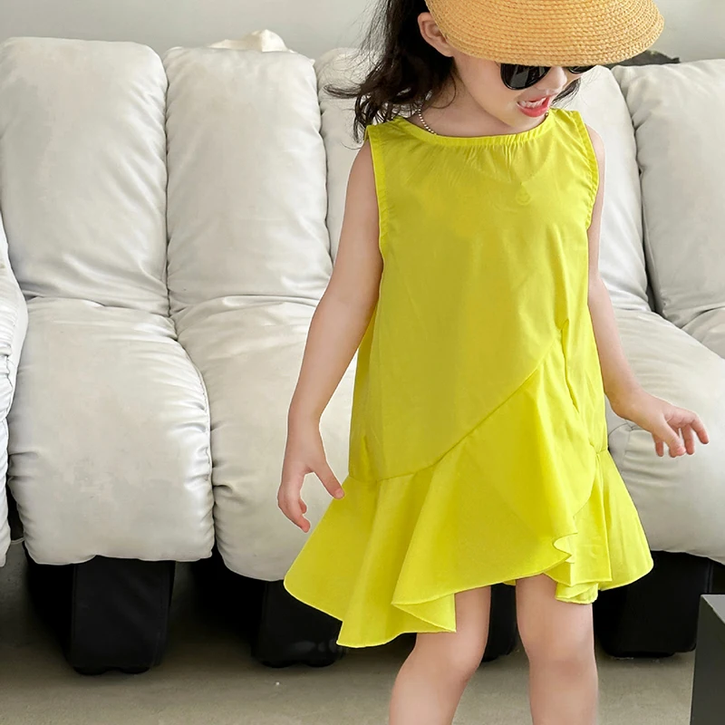 Summer Girl Dress Solid Loose Sleeveless Fishtail Yellow Fashion Ruffles Princess Style Casual Dress Kids Party Clothes 3-8Y