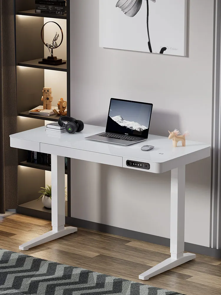 White Glass Electric Lifting Table Standing Office Computer Desk Household Study Table Youth Table