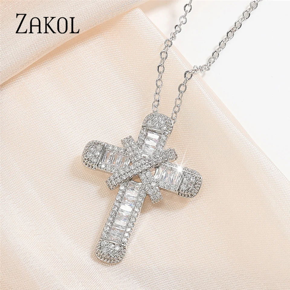 ZAKOL Fashion Hip Hop Cross Pendant Necklace for Women Men Shiny Zircon Wedding Party Choker Jewelry Wholesale