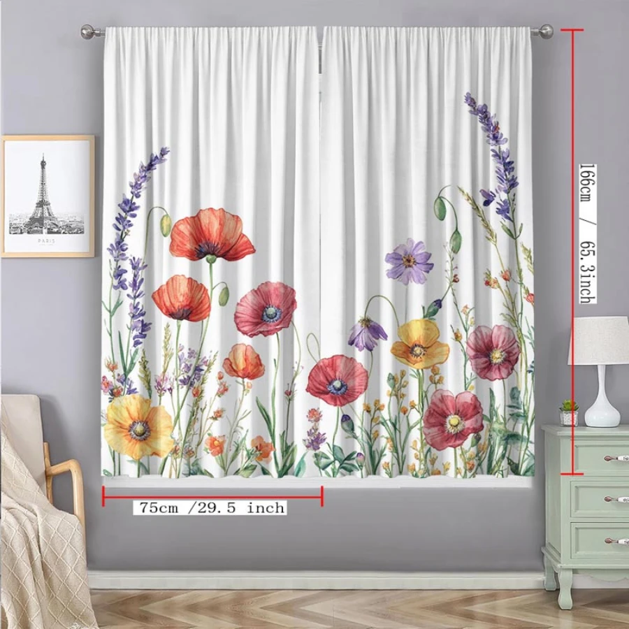 2PCS Digital Print  Curtain, Watercolor Poppy Flowers, Botanical Print Window Drape for Living Room Bedroom Home Decor