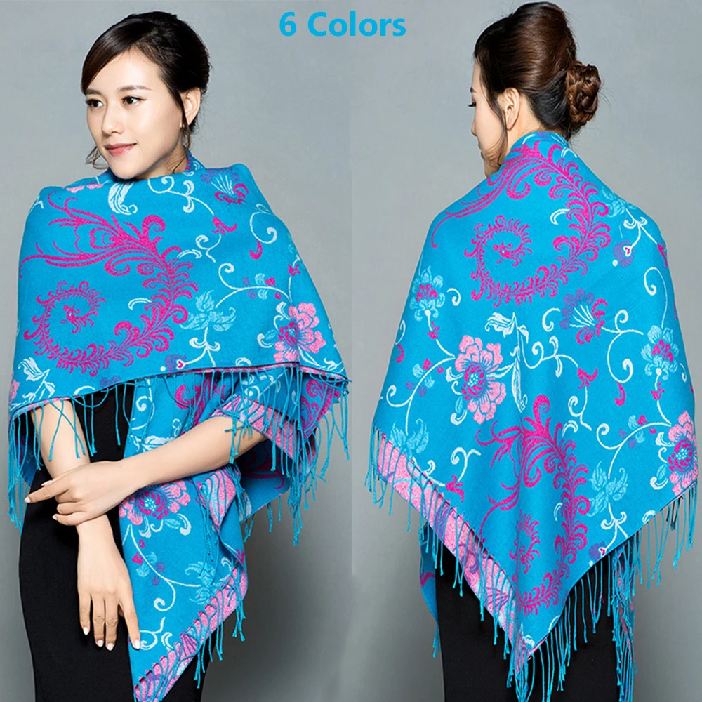 

Thicker Square Winter Scarf Women Cashmere Warm Pashmina National Floral Female Scarves Wraps Soft Big Tassels Shawl Large Stole