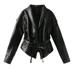 2024 Spring and Autumn New Design Versatile Retro Fruit Collar Single breasted with Belt Leather Coat for Women