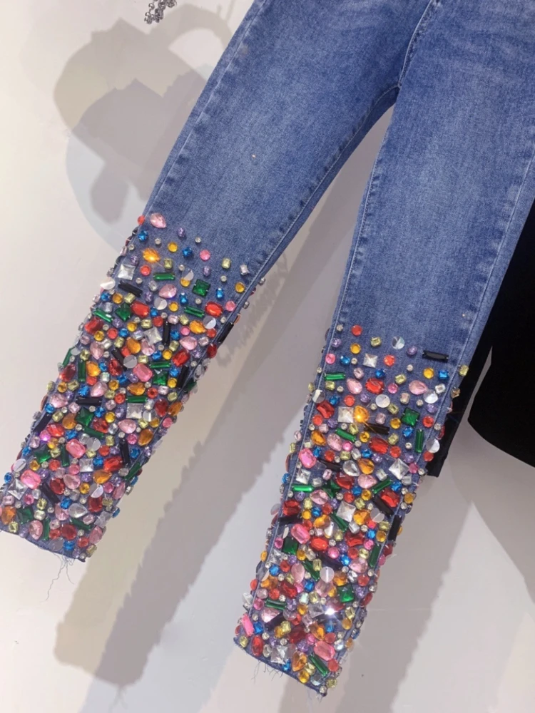 

Women Street High Waist Jeans Autumn Heavy Industry Design Color Diamond Comfortable Cotton Stretch Skinny Denim Pants