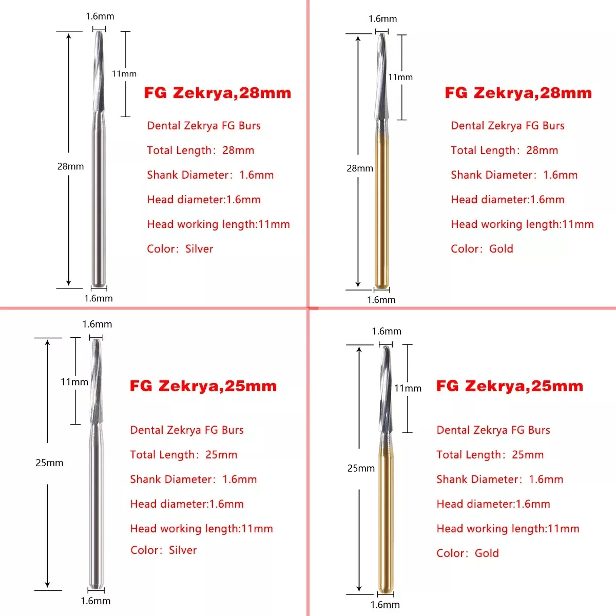 6Pcs Dental Surgical Endo Zekrya Carbide Burs Tungsten Steel Bur FG for High Speed Handpiece 25mm/28mm