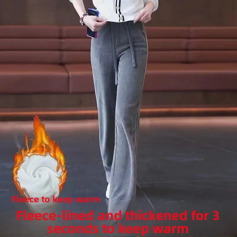 Pantalones de pierna ancha gruesos con forro polar para mujer Otoño Invierno Pantalones casuales de pana rectos drapeados de cintura alta