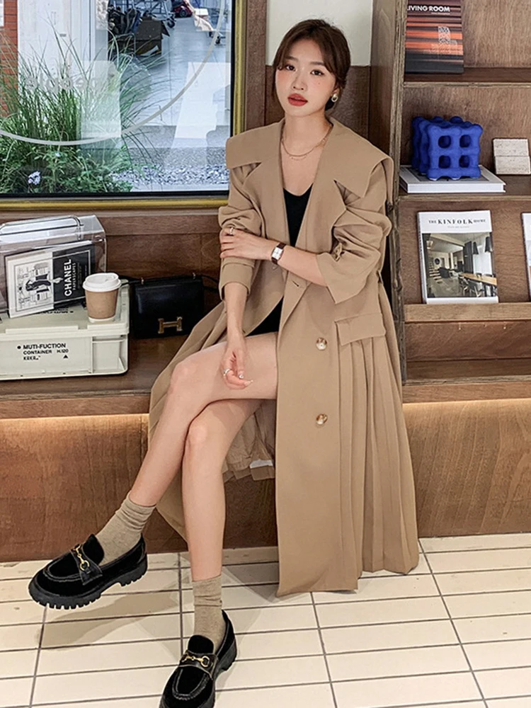 LANMREM Designer Trench Coat For Women Double Breasted Long Sleeves Spliced Belt Fold Coats Fashion Clothing 2023 New 2YA3542