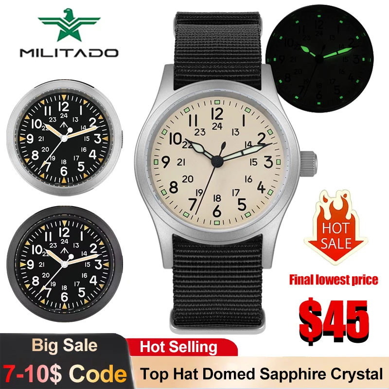 

Militado ML05 Военные часы VH31 Sweep Кварцевый механизм Цилиндр Куполообразный сапфировый кристалл Винтажные часы 100 м Водонепроницаемые мужские часы