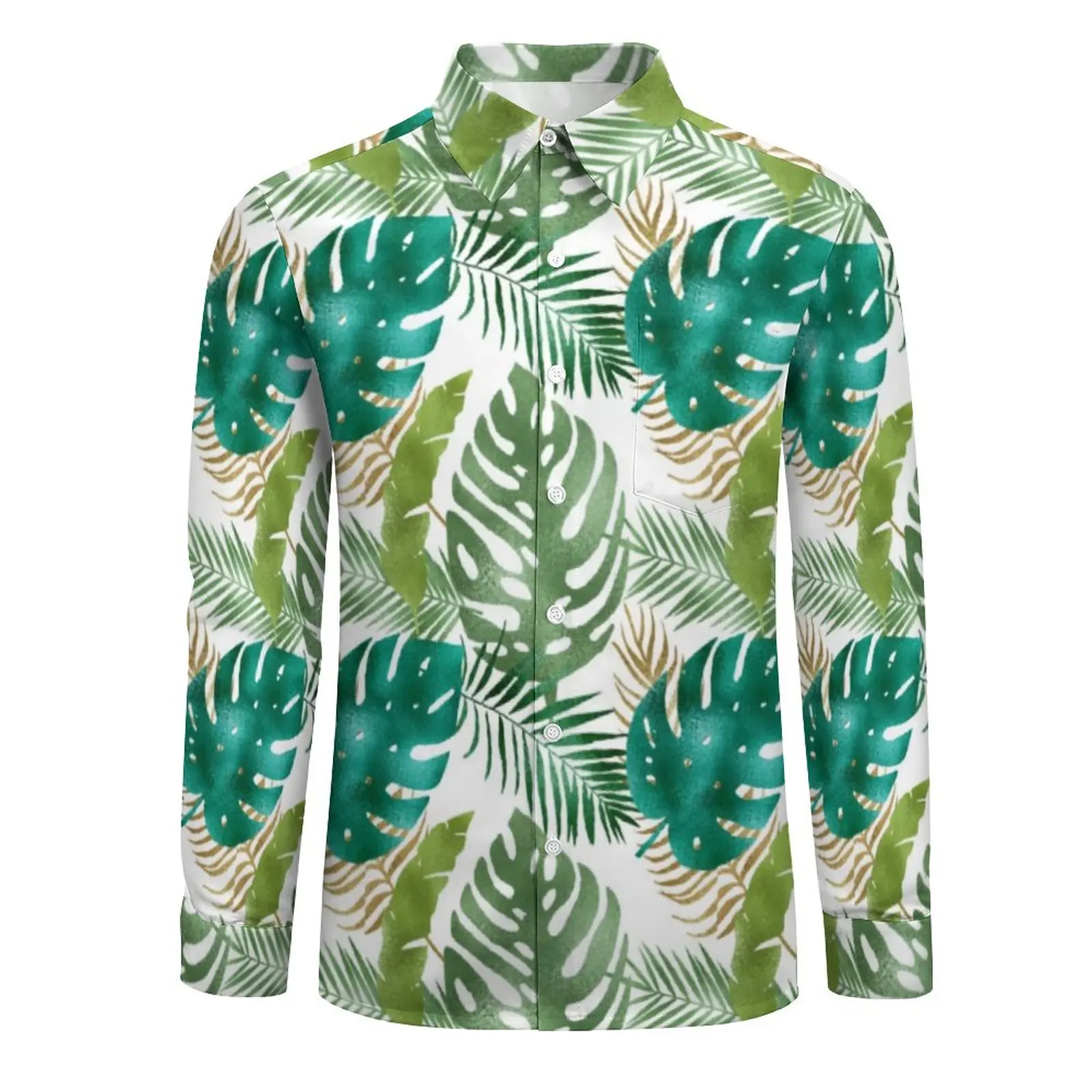 Green Leaf Shirt Autumn Variety Metallic Print Casual Shirts Man Trendy Blouses Long Sleeve Graphic Aesthetic Clothes Plus Size